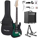 Display4top E-GITARRE Sets,mit 20 Watt Verstärker, Gitarrenständer, Tasche, Plektrum, Gurt, Ersatzsaiten, Tuner, Koffer und Kabel (Schwarz-Grün)