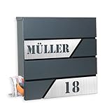 Personalisierter Briefkasten mit Hausnummer und Namensschild - Postkasten groß Wandbriefkasten mit Zeitungsfach in Anthrazit Schwarz/Grau