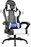 JUMMICO Massage Gaming Stuhl, Bürostuhl Ergonomisch mit Lendenwirbelstütze, Computerstühle Racing Bürostühle Sessel, Höhenverstellbar Liegestuhl Schreibtischstuhl 150kg Belastbarkeit, Weiß