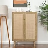 Anmytek Hoher Sideboard-Aufbewahrungsschrank mit handgefertigter Rattan-Front, Küchen-Buffetschrank, Holz, 2-türig, Akzentschrank mit verstellbaren Regalen, rustikale Eiche