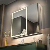 GANPE LED Beleuchtetes Badezimmer Medizin Spiegel Schrank mit Doppelter Tür, Defog, Stufenloses Dimmen, Speicher 3-Farben Modus, Speicher Regale, Steckdosen & USBs (70 x 75 cm)
