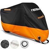 Favoto Verbesserte Version Wasserdicht Motorradabdeckung Motorrad Abdeckplane Outdoor Motorradgarage Motorroller Abdeckung Winddicht XXL mit 2 Gürtelschnalle Schwarz-Orange 245cmx105cmx125cm