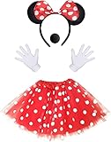 iZoeL Damen Maus Mouse Kostüm Rot Tutu mit weiß Gepunktet + Haarreifen mit Maus Ohren + Handschuhe + Nase für Fasching Karneval Motto Cosplay Party