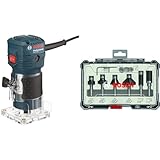 Bosch Professional Kantenfräse GKF 550 (inkl. Parallelanschlag, Rollenführung, Grau, 2x Schraubenschlüssel (17mm, 10 mm), im Karton) + 6tlg. Rand- und Kantenfräser Set (für Holz, Zubehör Oberfräsen)