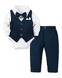 Baby Junge Anzug Taufe, Neugeborenen Taufanzug Hochzeitsoutfit Partei Babykleidung Strampler + Bowtie + Vest + Pants Set Marineblau 3-6 Monate