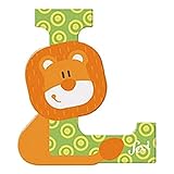 Sevi 83012 Tier Holzbuchstaben L Löwe ca. 10 cm, Türbuchstaben für Kinderzimmer, ABC Lernspielzeug aus Holz, pädagogisches Spielzeug für Kinder ab 3 Jahren, Buchstabe Tiere, Orange/Grün/Gelb