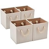 EZOWARE 4 Stück Baumwolle Faltbare Aufbewahrungsbox, Aufbewahrungskorb mit starken Griffen für die Organisation Kinderzimmer, Spielzeug, Schrank - (Beige, 26,7 x 26,7 x 28 cm )