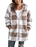 ABINGOO Damen Teddy Fleece Mantel Kariert Warm Winterjacke Kapuzenjacke Flauschig Plüschjacke Reißverschluss Sweatshirt mit Kapuze und Taschen(Beige,L)