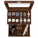 KILHS Uhrenbox, 12-Schlitz Uhrenkasten, Uhrengehäuse für Männer mit echtem Glasdeckel, Brillen-Aufbewahrungsbox, Schmuck-Organizer-Boxen mit Schublade, braun,