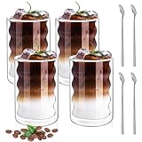 Cinnani Latte Macchiato Gläser Set (4 x 400ml) Doppelwandige Gläser mit 4 Löffeln 4er Set Doppelwandige Cappuccino Gläser Kaffeegläser ThermogläSer Doppelwandig aus Borosilikatglas