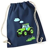 minimutz Turnbeutel Kinder Jungen aus Baumwolle | Motiv Traktor Bulldog mit Wolken & Gras | Schuhbeutel Sportbeutel zum Zuziehen mit Kordel 37cm x 46cm in Dunkelblau Navy