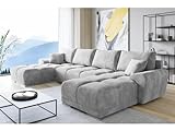 ML Furniture Velvet Ecksofa in U-Form – Hellgrau – Couch mit Stauraum und Kissen - Ausziehbares Sofa mit Schlaffunktion - Schlafsofa mit Bettkasten – Gästebett – 365 x 189 cm