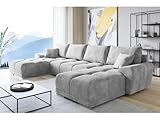 ML Furniture Velvet Ecksofa in U-Form – Hellgrau – Couch mit Stauraum und Kissen - Ausziehbares Sofa mit Schlaffunktion - Schlafsofa mit Bettkasten – Gästebett – 365 x 189 cm