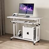 Dripex Schreibtisch höhenverstellbar, Computertisch mit Rollen, Schreibtisch klein auf Rollen, platzsparender Laptoptisch mit Tastaturauszug und Regal, PC Tisch klein für Home Office, Weiß