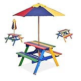 RELAX4LIFE Kindersitzgruppe mit Sonnenschirm Ø 120 cm, Gartenmöbel Set mit 1 Tisch & 2 Bänke, Picknicktisch Massivholz, Kindermöbel für Picknick, Kindersitzgarnitur Indoor Outdoor bis 4, Bunt