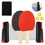 Tischtennisschläger Set,Tischtennis Set Profi,tischtennisnetz Tischtennis Set mit Netz Tischtennis Set Kinder tischtennisschläger,2 Tischtennisschläger+Einziehbarem Netz,3 Ping-Pong Bälle,1*Mesh Bag