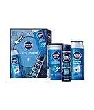 NIVEA MEN Strong Power Geschenkset, Geschenkbox mit starken Pflege-Favoriten für einen aktiven Lifestyle, Pflegeset mit Duschgel, Shampoo, Deo und Labello for Men