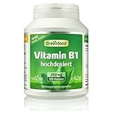 Vitamin B1 Hochdosiert - B 1 Vitamin 250mg pro Tag (120 vegane Kapseln) - Thiamin - B1 essentiell für Nervensystem und Energie - ohne Zusätze, Gentechnik, laborgeprüft - Greenfood