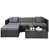 LIFERUN Rattan Gartenmöbel-Set,Lounge Gartenmöbel Set,Gartenlounge Set,Terrassenmöbel,Rattanmöbel Sofa Set,Poly Rattan Sitzgruppe Couch 5 Teilig mit Kissen und Glastisch,für Garten,Terrasse (Schwarz)