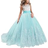 NNJXD Mädchen Spitze Tüll Gestickte Prinzessin Prom Ballkleid Formale Partei Lang Schwanz Kleider Größe (130) 6-7 Jahre 406 Blau-A