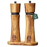 ninetyfive® edles Pfeffermühlen Set aus Holz | Salz und Pfeffermühle + Untersetzer und Einfülllöffel aus Akazienholz | Gewürzmühlen mit Keramikmahlwerk (21cm) | hochwertige Geschenk- Verpackung