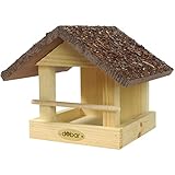 dobar 38120FSCe klassisches Vogelfutterhaus Rindendach - Vogelhaus aus Massivholz - Kleine Vogelvilla zum Hängen an Wand oder Baum - Vogelfutterstation mit Futtertablet - 20 x 22,5 x 18 cm - Braun