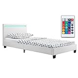 Juskys Polsterbett Verona 90x200 cm mit LED-Beleuchtung, Lattenrost & Kopfteil, Bett mit Gestell aus Holz & Kunstleder Bezug, weiß