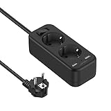 JSVER Steckdosenleiste USB mit 2 Fach, Mehrfachsteckdose Verteilersteckdose 2 USB Anschluss mit Schalter Verlängerungskabel Steckdosenadapter für Büro, Reisen, 1.5m Kabel - Schwarz