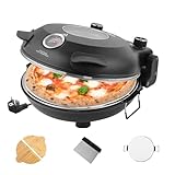 YIBAKE Pizzaofen elektrisch, 1200W Pizzabäcker in 4-Min-Pizza, 31cm Feuerfeste Pizzastein, Max 420℃ Pizzaofen mit 5 Garstufen, inkl. Pizzaschaber & Pizzaschieber & Rezeptbuch, Schwarz