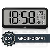 ADE Sehr große Digitale Wanduhr mit XXL-Ziffern | Funkuhr mit Kalender | perfekt für Büro, Großraum, Werkstatt, Senioren | Thermometer & Alarm | Tischuhr schwarz