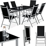 tectake® Sitzgarnitur Aluminium Klappstühle, Lounge Set mit 6X Stühle und 1x Glastisch Esstisch, Gartenmöbel Set wetterfest für den Balkon, Gartenstühle, Terrassenmöbel, Liegestuhl - Silber