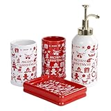 Santentre Weihnachten Badezimmer Set 4 Teile – Seifenspender, Zahnbürstenhalter, Becher, Seifenschale, Keramik Badezimmer Zubehör Set, Farbkontrast Dekorative Seifenspender Set, Frohe Weihnachten