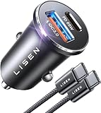 LISEN 66W Zigarettenanzünder USB C Verteiler [12v Steckdose Dualer PD65W ] Auto Ladegerät Mini Ganzmetall KFZ Ladegerät USB C Schnellladung Mit USB C Kabel, für Samsung S24 iPhone 15 Pro Max Android