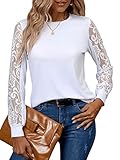 GORGLITTER Damen Oberteil Langarm mit Spitzen Langarmshirt Elegant Herbstshirt Spitzenshirt Office Casualshirt Rundkragen Weiß L