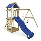 WICKEY Spielturm Klettergerüst FreeFlyer mit Schaukel & Blauer Rutsche, Outdoor Kinder Kletterturm mit Sandkasten, Leiter & Spiel-Zubehör für den Garten