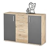 Stella Trading 1040 Sideboard in Grau, Viking Oak Optik - Moderne Kommode mit Schubladen und viel Stauraum - 120 x 84 x 35 cm (B/H/T)