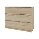 Mebligo - Kommode mit 3 Schubladen 90 cm Breit, Komodenschrank für Schlafzimmer, Kommode Wohnzimmer, Kinderzimmer, Jugendzimmer und Büro (B:90 x H:75 x T:40 cm) - Kommode Sonoma Eiche