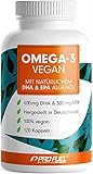 Omega-3 vegan Kapseln 120x - 2000 mg Algenöl pro Tag - hochdosiert mit 600mg DHA + 300mg EPA - hochwertige Omega-3 Algenöl Kapseln vegan - DHA:EPA Verhältnis 2:1 - laborgeprüft mit Analyse-Zertifikat