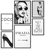 Papierschmiede® Mood Poster Set Coco Schwarz-Weiß, Bilder Wohnzimmer Deko Schlafzimmer, 2x DIN A4 und 4x DIN A5, Glamour Lifestyle Mode - ohne Rahmen