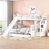 FEZTOY Etagenbett 90 x 200 +140 x 200 mit Schubladen und Rutsche, Hochbett Kinderbett mit Treppe, Stauraumbett, Multifunktionales Kinderbett, Stockbett, Jugendbett, Doppelbet