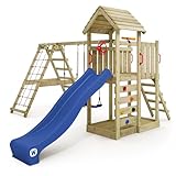 WICKEY Spielturm Klettergerüst RocketFlyer mit Schaukel & Blauer Rutsche, Outdoor Kinder Kletterturm mit Sandkasten, Leiter & Spiel-Zubehör für den Garten…