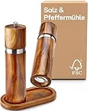 Salz und Pfeffermühle aus Akazienholz mit Untersetzer - Nachhaltiges FSC® Holz - Langlebiges Keramikmahlwerk - Plastikfrei