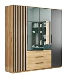 BM-Möbel Kleiderschrank mit Drehtüren, Schubladen und Spiegel - mit Einlegeböden und Kleiderstange - für Garderobe, Schlafzimmer - mit Lamellen - Eiche Holzimitat und Schwarz - 200 cm B, 215 cm H