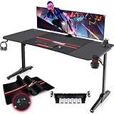 Devoko Gaiming Tisch 140cm Gaming Schreibtisch Gamer Computertisch Ergonomischer PC Schreibtisch mit Kabelaufbewahrungsbox, Getränkehalter und Kopfhörerhalter T-förmiger (Schwarz, 140 x 60 x 75 cm)