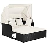 GIANTEX Sonneninsel Sonnenliege Set Rattan, Gartenliege 2 Personen mit faltbarem Sonnendach, Doppelliege Liegeinsel mit klappbaren Tablett & Kissen, Gartenlounge Gartenmuschel Daybed Outdoor