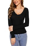 WOWENY Langarmshirt Damen sexy v-Ausschnitt Oberteile mit Spitzen Basic Shirt Langarm Shirts für Damen Slim fit elegant für Alltag,Schwarz,M