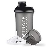 xtraze Protein Shaker 500 ml mit Pulverfach 150 ml - BPA frei - Fitness Becher auslaufsicher mit Skala - Sieb für cremige klumpenfreie Eiweiß Shakes - Schwarz