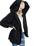 Beyove Damen Plüschjacke Hoodie Jacke Warm Fleecejacke Teddy Mantel Oversize Herbstjacke Strickjacke Langarm Wintermantel Cardigan Kapuzenjacke mit Taschen Schwarz XXL