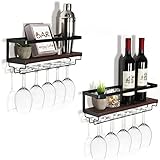 B4Life Wandmontierte Weinregal mit Glashalter, 2er Set Weinglasregal Holz, Vintage Flaschenregal aus Schwimmregale mit Stemware, Weinregalregal mit Glashalter Wandmontage für Esszimmer Home Bar Küche