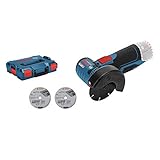 Bosch Professional 12V System Akku Winkelschleifer GWS 12V-76 (3 Trennscheiben, Scheibendurchmesser: 76 mm, ohne Akkus und Ladegerät, in L-BOXX), Schwarz, Blau, Rot